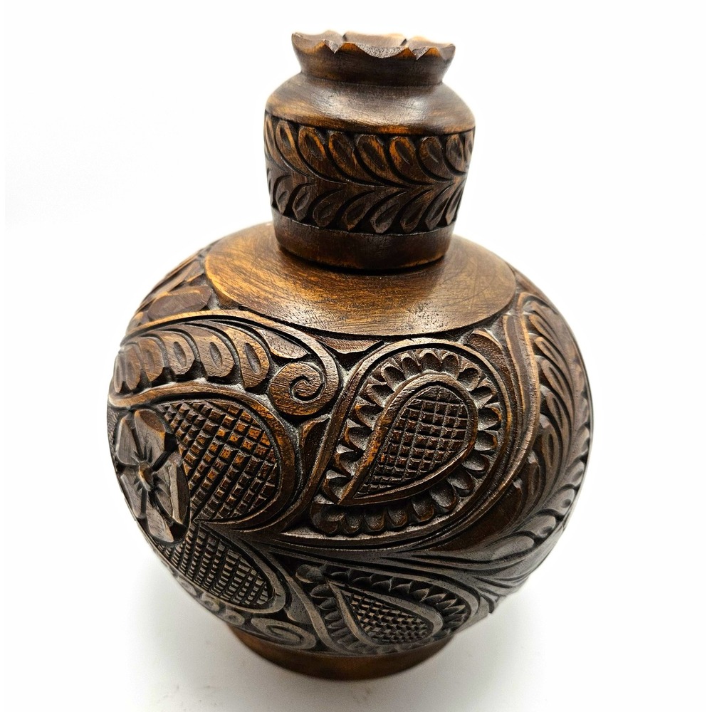 Hand Carved Wood Decanter Brown with green glass insert Folk Art Hungary signed